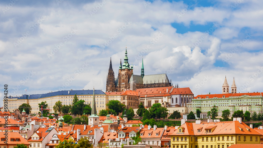 View of Prague old historical center with gothic St. Vitus Cathedral at the top