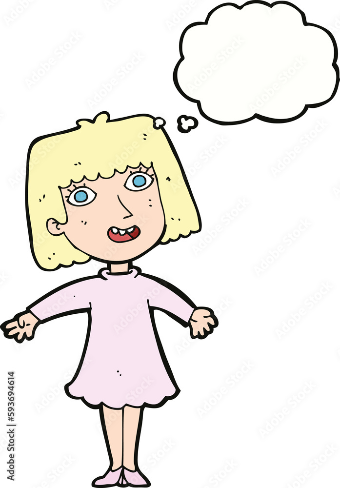 cartoon happy woman in dress with thought bubble cartoon happy woman in dress with thought bubble