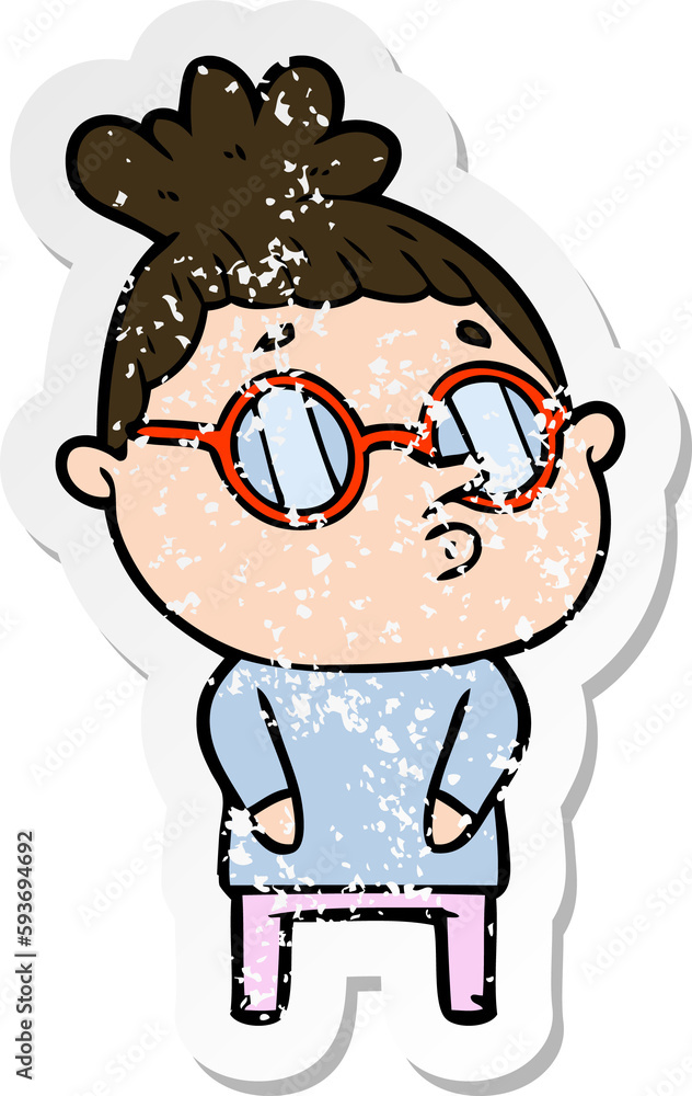 distressed sticker of a cartoon woman wearing glasses distressed sticker of a cartoon woman wearing glasses