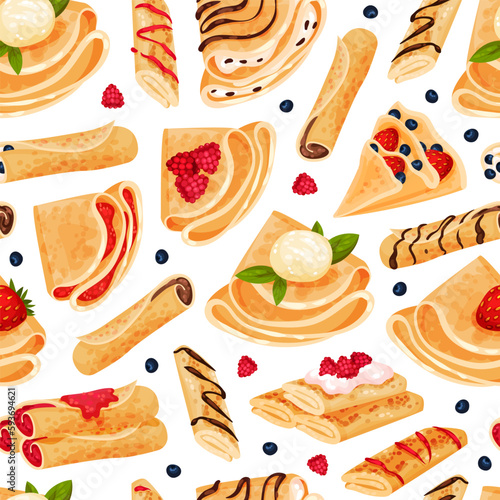 Baked Crepe or Pancake Food Seamless Pattern Design Vector Template