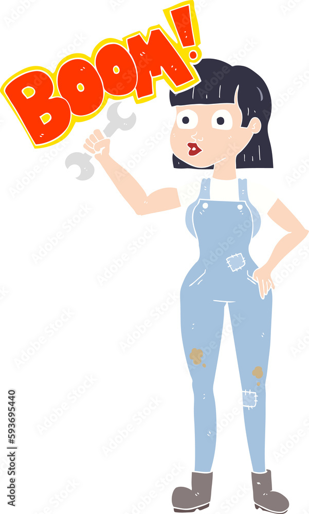 flat color illustration of a cartoon mechanic woman