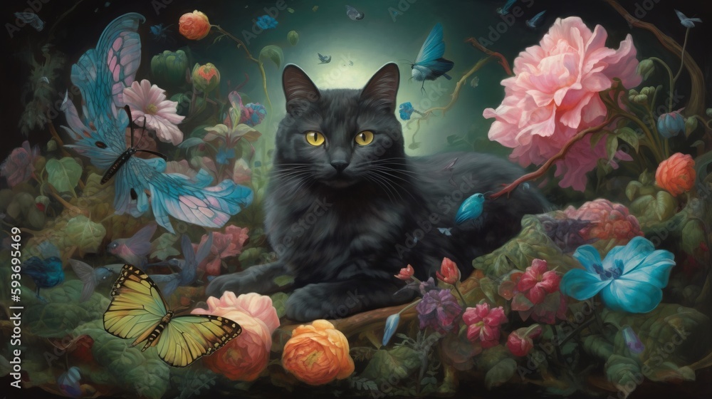 Keuken achterwand met A black cat sitting in a field of flowers and butterflies #593695469