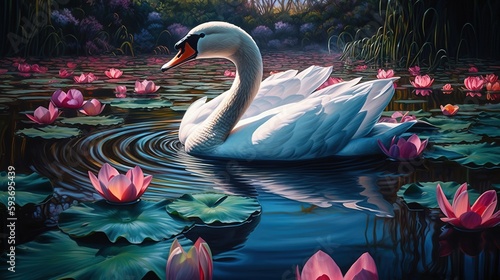 Photographie a painting of a swan swimming in a pond of water lillies