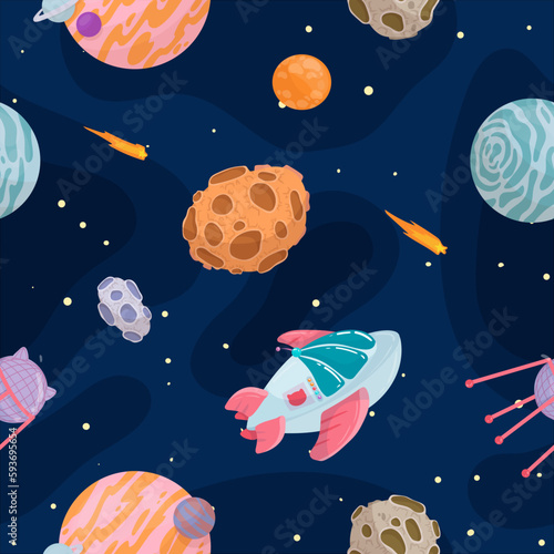 UFOs, spaceships, rockets. Solar system, intergalactic travel. Galaxies, planets, asteroids, comets, shooting stars. Vector illustration in cartoon style on a white background.