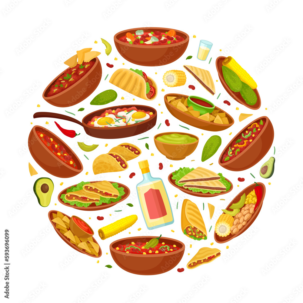 Traditional Mexican Food Round Composition Design with Different Served Dish Vector Template