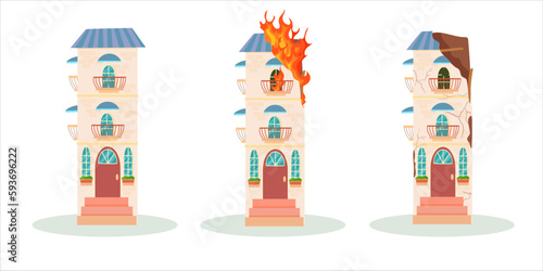 A destroyed building after a fire or an earthquake. Ruined city buildings after the war. Damaged city with old broken dilapidated housing. Vector illustration isolated on white background.