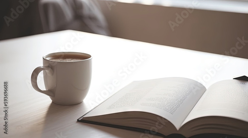 A coffee stands on a wood table next to the books  AI Generate 