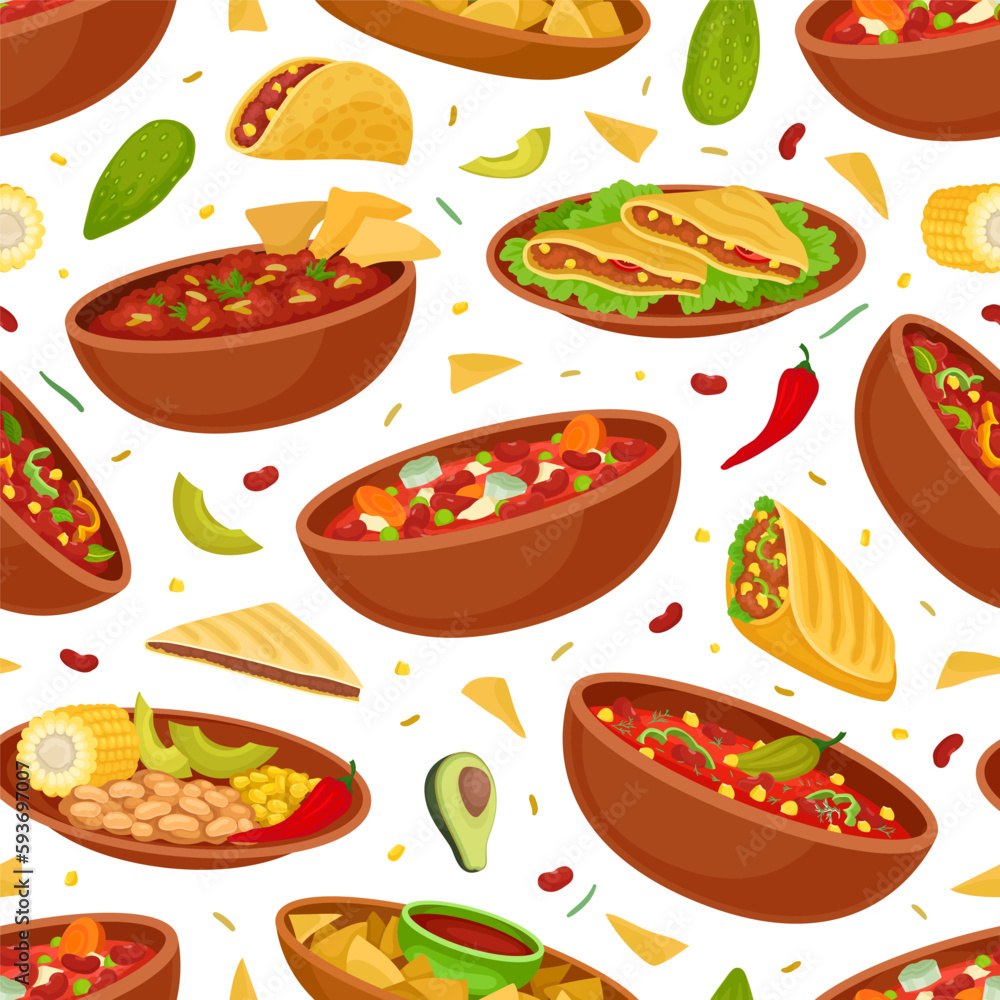Traditional Mexican Food Seamless Pattern Design with Different Served Dish Vector Template Traditional Mexican Food Seamless Pattern Design with Different Served Dish Vector Template