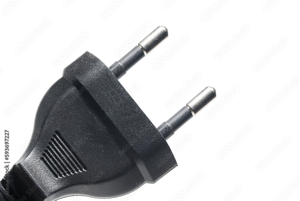closeup black european power plug white background closeup black european power plug white background