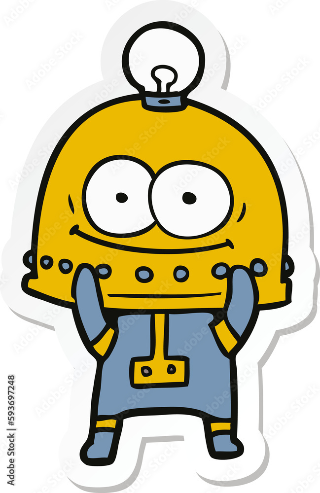 sticker of a happy carton robot with light bulb sticker of a happy carton robot with light bulb
