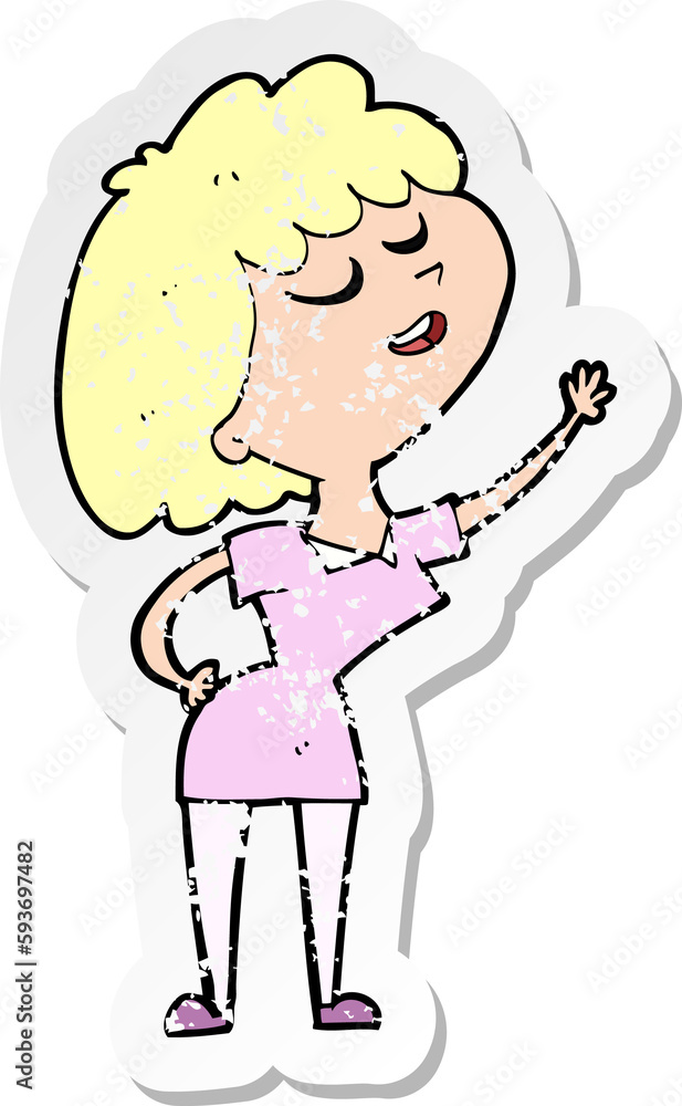 retro distressed sticker of a cartoon happy woman about to speak retro distressed sticker of a cartoon happy woman about to speak