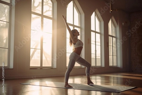 young beautiful woman doing yoga in a modern bright room with large windows at sunny day. Yoga at home concept. Ai generated.