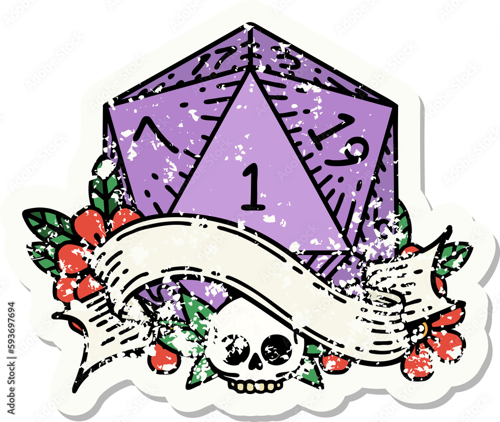 natural one d20 dice roll grunge sticker