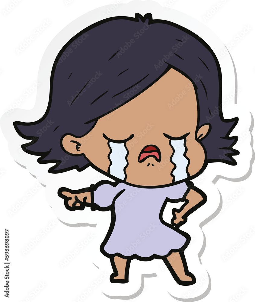 sticker of a cartoon girl crying and pointing sticker of a cartoon girl crying and pointing
