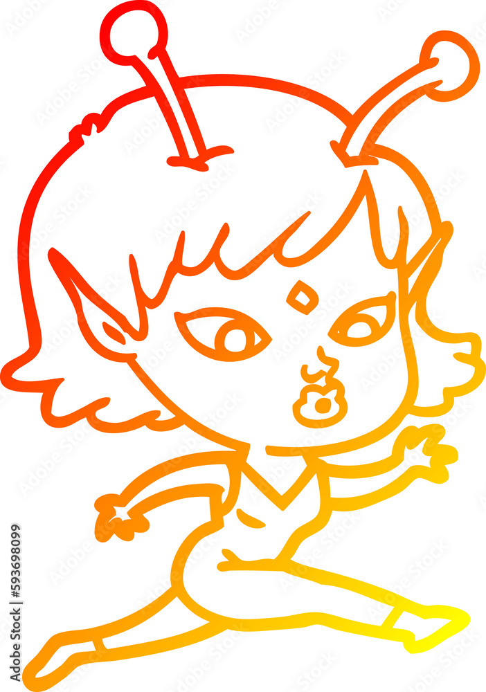 warm gradient line drawing pretty cartoon alien girl running warm gradient line drawing pretty cartoon alien girl running