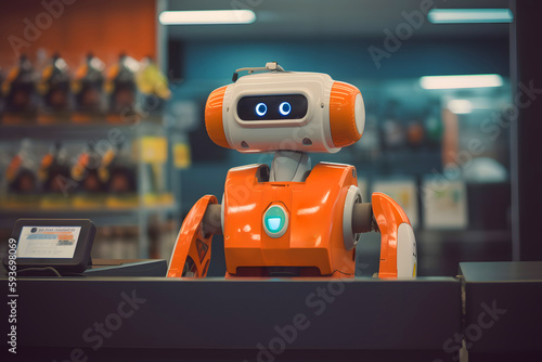 Automated cute orange robot cashier serves a customer in a grocery store, selling food. Generative AI.