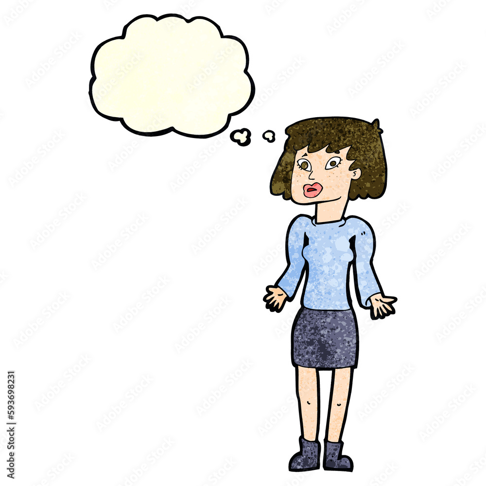 cartoon woman shrugging shoulders with thought bubble cartoon woman shrugging shoulders with thought bubble
