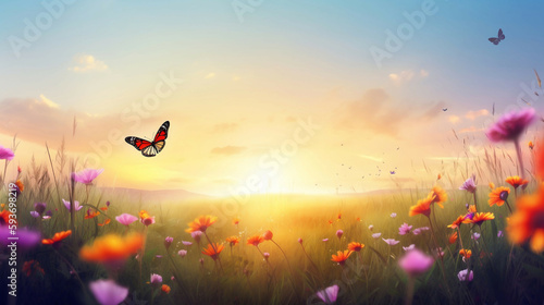 summer spring field with butterflies new quality nature stock image illustration desctop wallpaper design generative ai