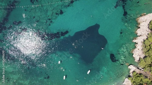 Aerial video of boats, yacht, docked in harbor tropical clear green water sea.
