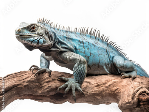 Studio portrait of a blue iguana on a tree branch. isolated on white background. ai generative © neng kokom komala