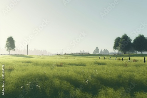 A minimalist landscape with a tranquil meadow or pasture, Generative AI