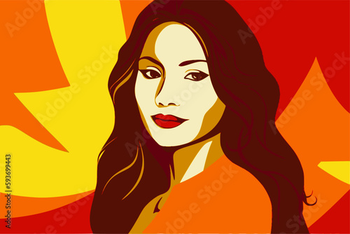 Beautiful latina girl on red and yellow patterned background for national hispanic heritage month