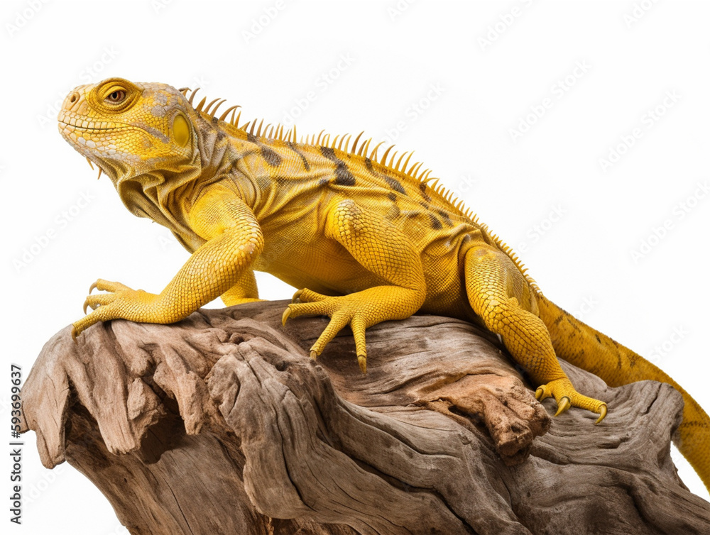 Obraz premium Studio portrait of a yellow iguana on a tree branch. isolated on white background. ai generative