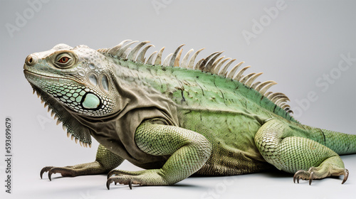Green iguana studio portrait. isolated on white background. ai generative