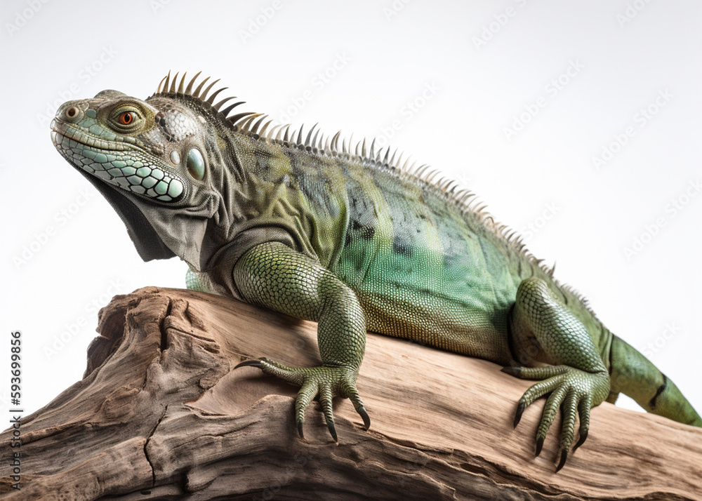 Studio portrait of green iguana on a tree branch. isolated on white background. ai generative
