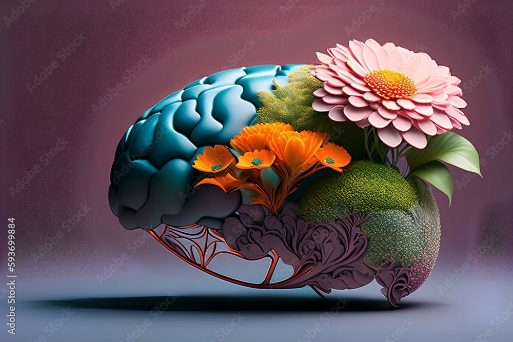 a drawing of a brain with flowers growing out of it, conceptual art ...