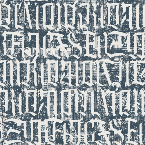 Seamless pattern of ornate Gothic letters. Monochrome repeating background with ancient Latin letters scratched, dirty backdrop. Vector texture, Wallpaper, wrapping paper or fabric in vintage style
