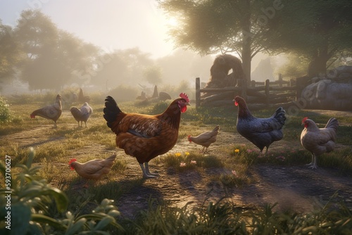 A detailed illustration of a group of farm animals, such as cows or chickens, in their natural environment, Generative AI