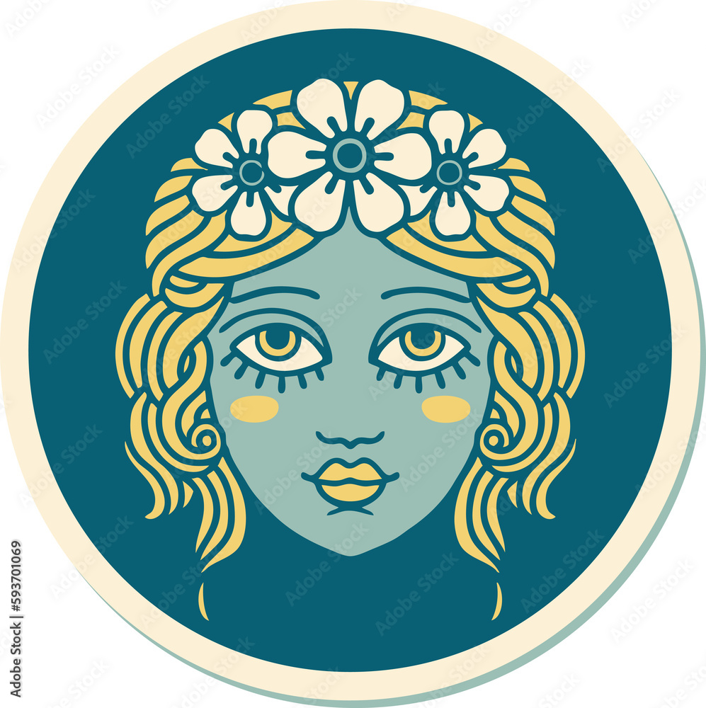 tattoo style sticker of female face with crown of flowers tattoo style sticker of female face with crown of flowers