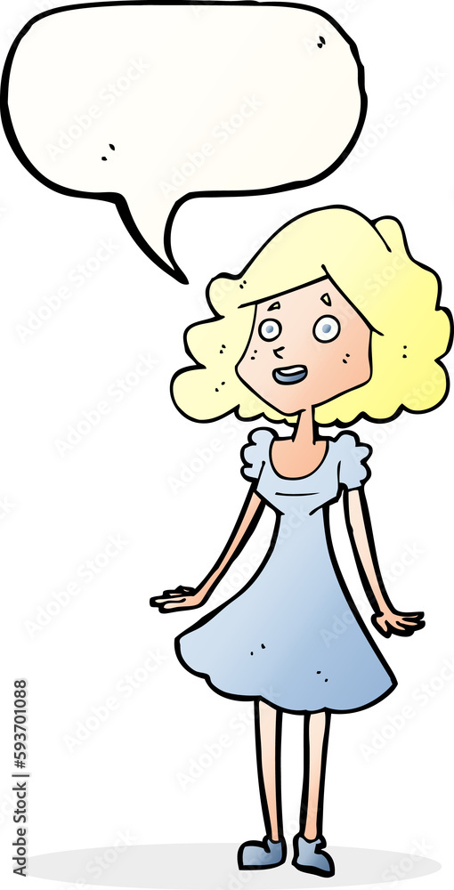 cartoon happy woman in dress with speech bubble cartoon happy woman in dress with speech bubble