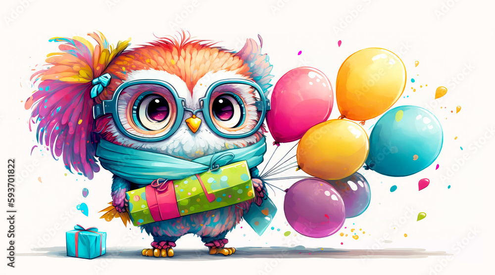 Watercolor owl with colorful balloons. Happy Birthday illustration. Generative AI.