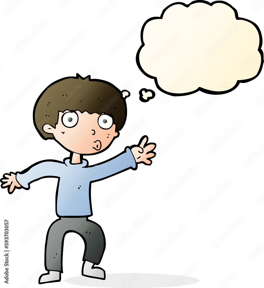 cartoon boy waving warning with thought bubble cartoon boy waving warning with thought bubble