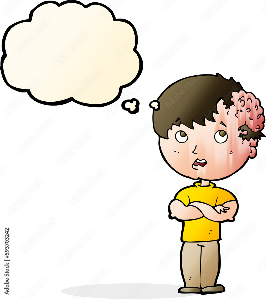 cartoon boy with growth on head with thought bubble cartoon boy with growth on head with thought bubble