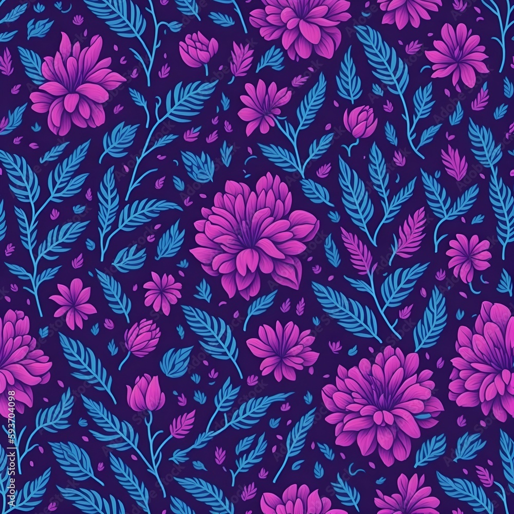 Seamless pattern with flowers and leaves. Created with Generative AI Technology Seamless pattern with flowers and leaves. Created with Generative AI Technology