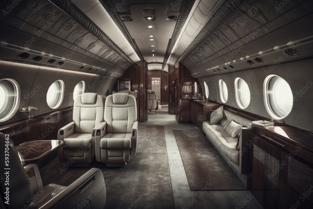 Airplane interior with lether seats and wood. Luxury style first-class jet generative ai