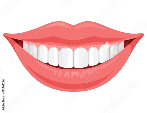 Smiling mouth with white equal teeth. Healthy teeth and Dental care. Flat vector illustration isolated on white background.