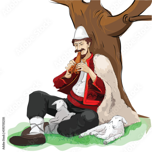 Albanian folk, shepherd with folk clothes and instrument, fiddle, (Cyla Dyjare)