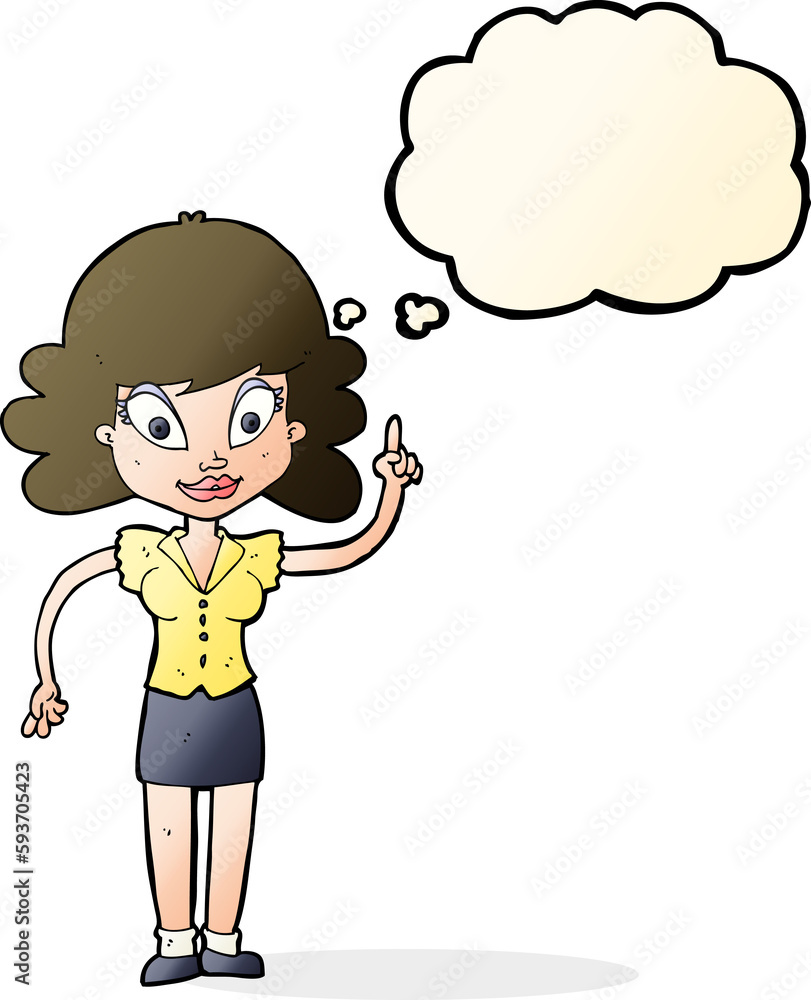 cartoon happy woman with idea with thought bubble cartoon happy woman with idea with thought bubble