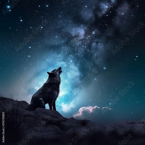 A lone wolf sitting on top of a mountain looking up at the stars on a blue night sky.