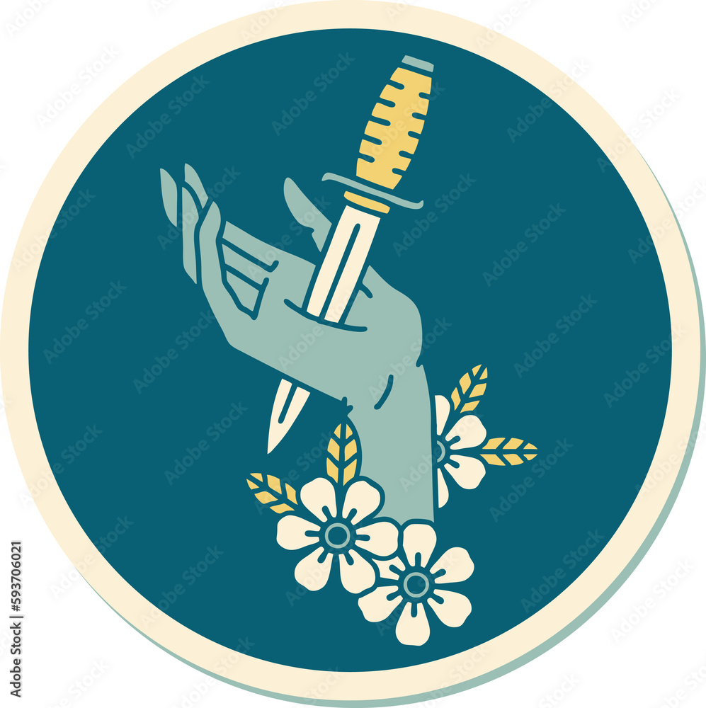 tattoo style sticker of a dagger in the hand tattoo style sticker of a dagger in the hand