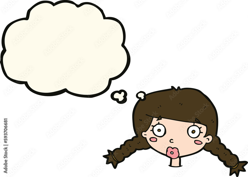 cartoon confused female face with thought bubble
