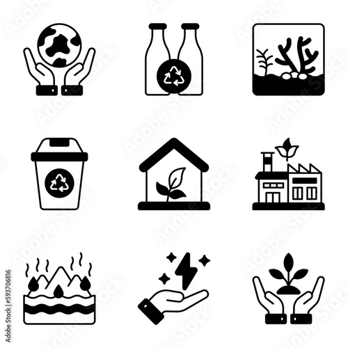 World mother earth day related icons set such as, save the world, recycle, coral, trash bin, eco house, green factory, melt, energy, plant photo