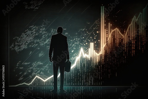 Business person standing in front of stock market chart created with generative AI