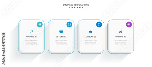 Timeline infographic with infochart. Modern presentation template with 4 spets for business process. Website template on white background for concept modern design. Horizontal layout.