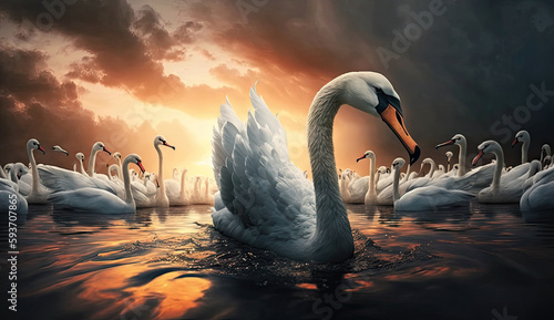 Fototapeta Naklejka Na Ścianę i Meble -  White swan swimming at lake in the morning with sunlight and cloudy sky in the middle of crowd swans, animal life concept, nature wildlife background, with Generative AI.
