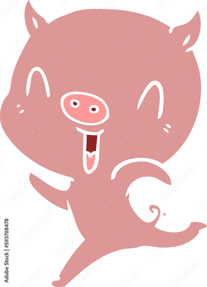 Fototapeta premium happy flat color style cartoon pig running